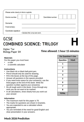 AQA B1 Combined Science Trilogy Mock Prediction 2026