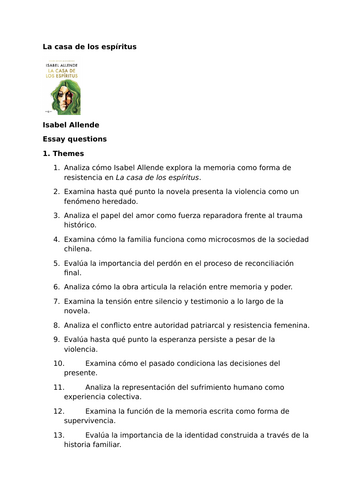 La casa de los espíritus by Isabel Allende – Essay questions