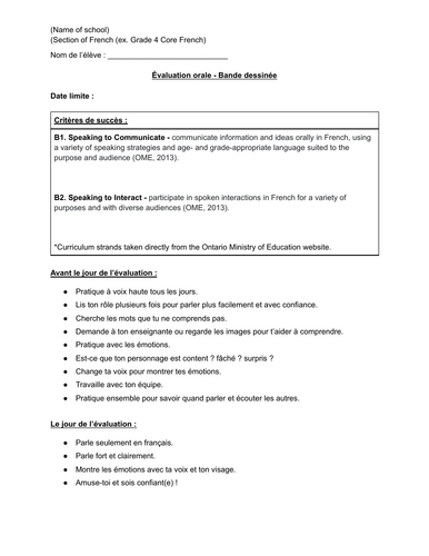 Grade 4 Ontario Core French speaking evaluation rubric (English/French)