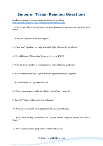 Emperor Trajan Reading Comprehension Worksheet