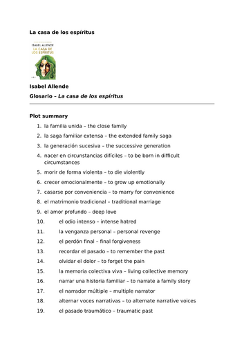 La casa de los espíritus by Isabel Allende - Vocabulary Glossary