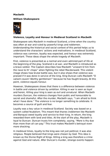 Macbeth by William Shakespeare – Themes – Violence, Loyalty and Honour