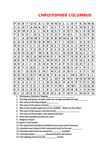 CHRISTOPHER COLUMBUS WORDSEARCH AND QUIZ