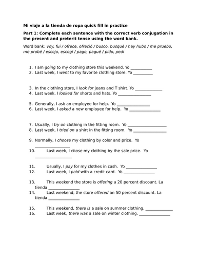 Mi viaje a la tienda de ropa quick fill in practice