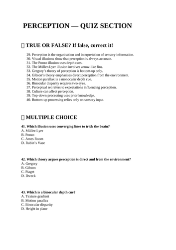 GCSE Psychology -Perception - Paper 1 - Quiz with Answers (AQA)