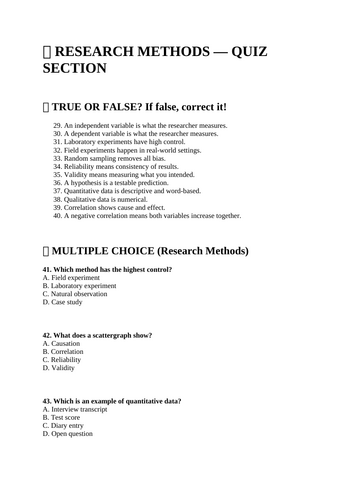 GCSE Psychology - Research Methods - Paper 1 - Quiz with Answers (AQA)