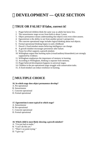 GCSE Psychology - Paper 1 - ALL TOPICS- Quiz with Answers (AQA)