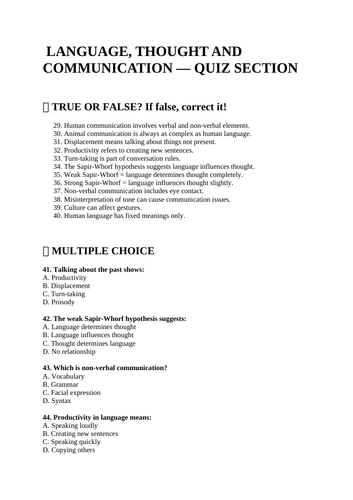 GCSE Psychology - language, Thought and Communication - Paper 2 - Quiz with Answers (AQA)