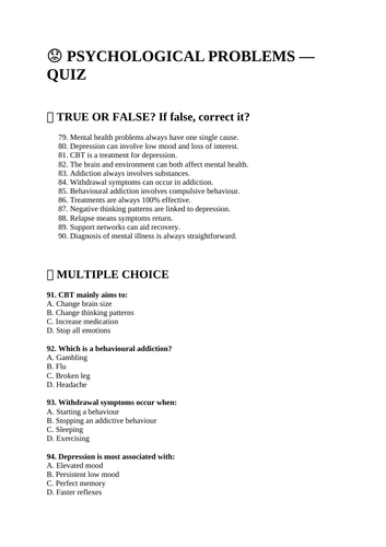 GCSE Psychology - Psychological Problems - Paper 2 - Quiz with Answers (AQA)