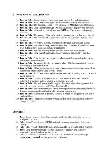 GCSE Psychology (AQA) Memory True or False Questions with Answers