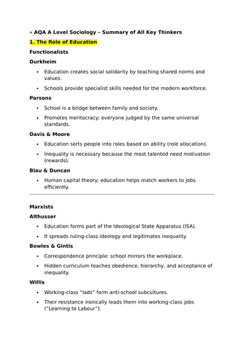 A Level sociology Education key thinker list