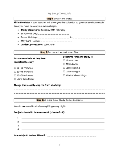 Junior Cycle Mock Exam Reflection & Study Planning Pack