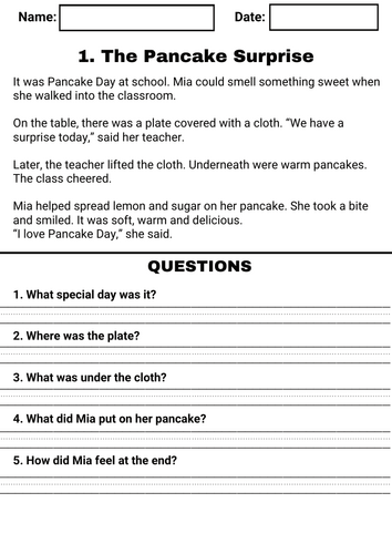 KS1 Pancake Day Fiction Comprehension (5 worksheets)
