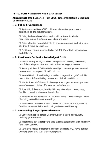 RSHE PSHE Curriculum Audit & Checklist Aligned with DfE Guidance (July 2025) Implementation for 2026