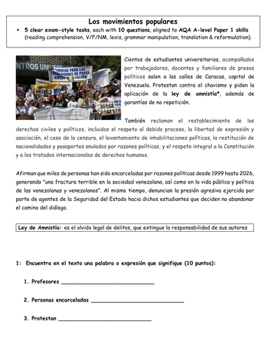 Los jóvenes venezolanos salen a las calles- hoja de trabajo con respuestas