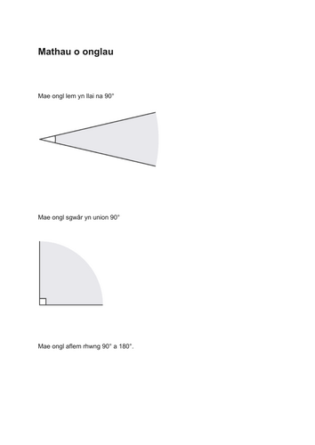 Mathemateg Blwyddyn 7: Taflen Waith ar enwi ONGLAU (ongl lem, aflem...)
