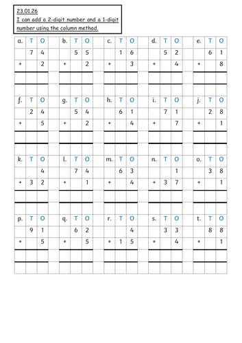 Column addition 1 digit and 2 digit resources