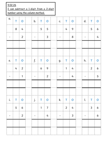 Column subtraction 2 digit and 1 digit resources
