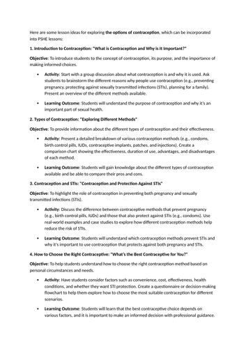 Lesson Ideas for the Introduction to Contraception: "What is Contraception and Why is It Important?"