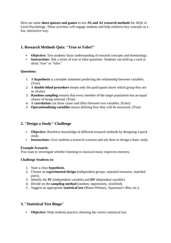 Questions/Quiz on Research methods for AQA A-Level Psychology