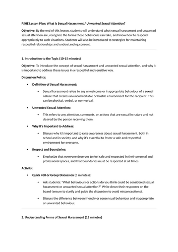 PSHE Lesson Plan: What is Sexual Harassment / Unwanted Sexual Attention?