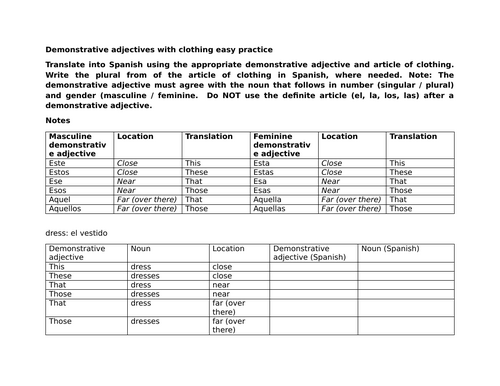 Demonstrative adjectives with clothing easy practice