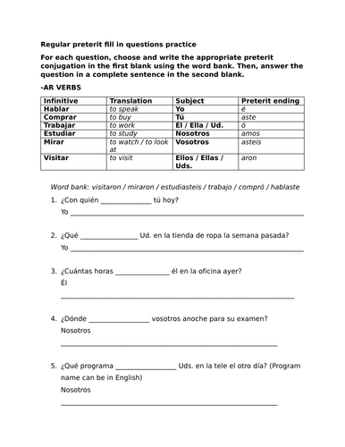 Regular preterit fill in questions practice