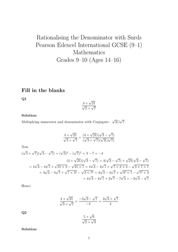 Rationalising the Denominator with Surds Pearson Edexcel International GCSE (9--1) Mathematics G