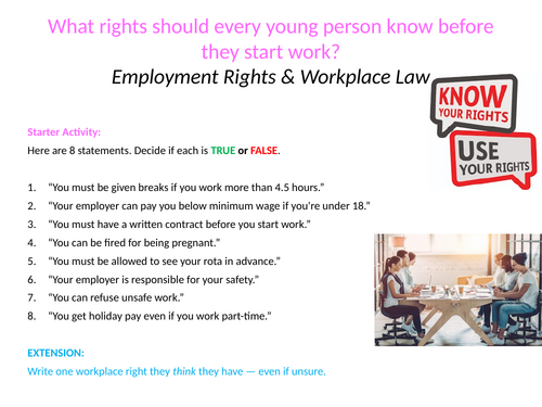 PSHE lesson -  What rights should every young person know before they start work?