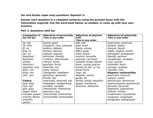 Ser and Gustar super easy questions (Spanish 1)