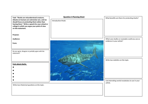 AQA English Language Paper 2 Question 5 - Planning Sheet: Sharks
