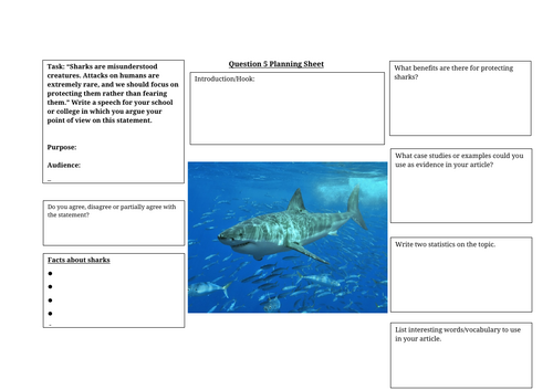 AQA English Language Paper 2 Question 5 - Planning Sheet: Sharks