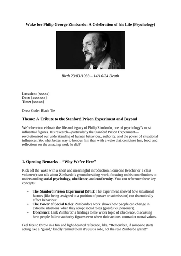 A-Level Psychology Event: Zimbardo Tribute & Social Influence Wake (With instructions)