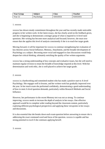 A-Level Psychology Subject Report Samples for Students - Year 12