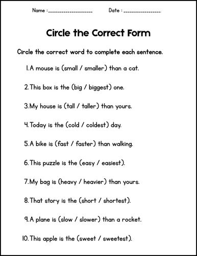 Degrees of Comparison Worksheet 1st 2nd 3rd Grade