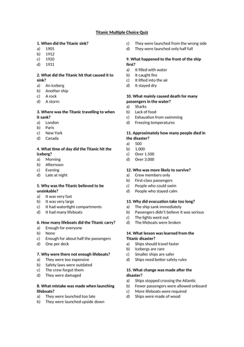 Titanic Multiple Choice Quiz