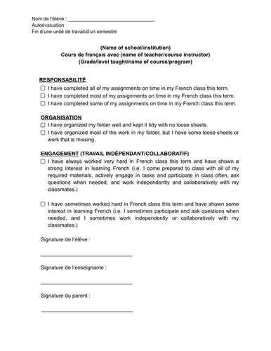 French Folder Check & Self-Evaluation/End of Unit/Term Reflection/FSL