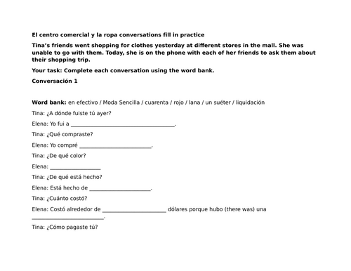 El centro comercial y la ropa conversations fill in practice