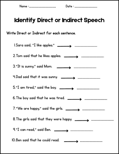 Direct and Indirect Speech Worksheets - Grammar for 1st 2nd 3rd Grade