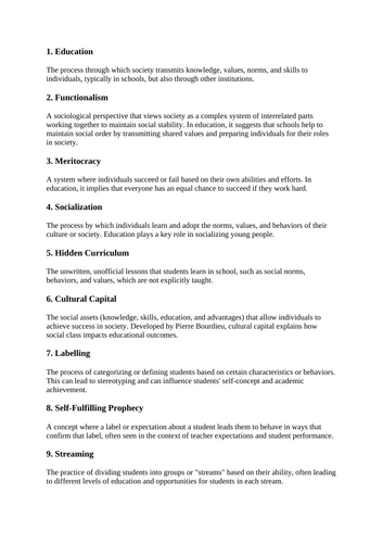 Sociology Education Key Terms Glossary | Definitions & Revision Dictionary | AQA/WJEC A-level GCSE