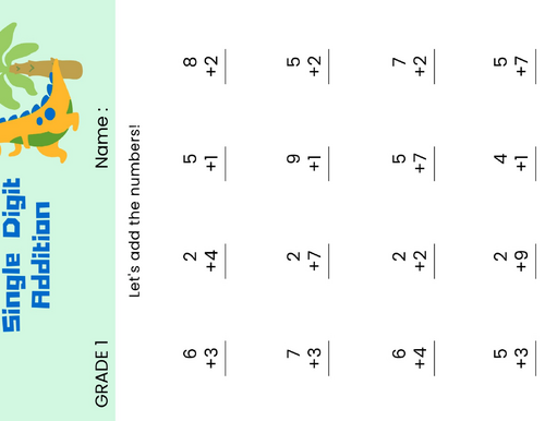 Grade 1 Math: Single- digit Addition worksheet (0 - 10)