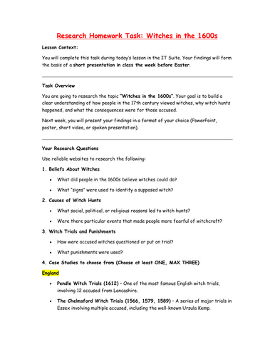 Witches in the 17th Century – Historical Research Task