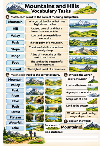 Mountains and Hills Vocabulary Task