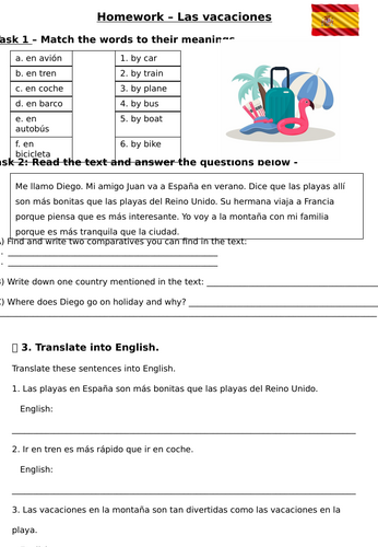 GCSE Spanish (AQA) Mis vacaciones revision / homework sheet