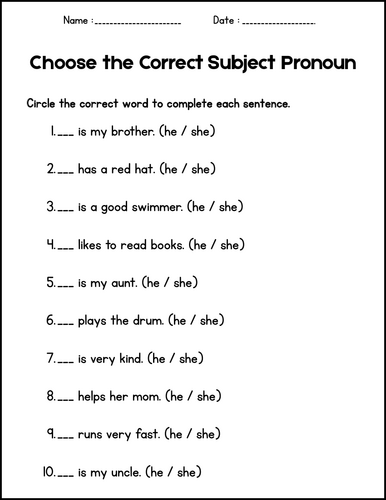 Pronouns he, she, him, her - Grammar Worksheets for 1st 2nd 3rd Grade
