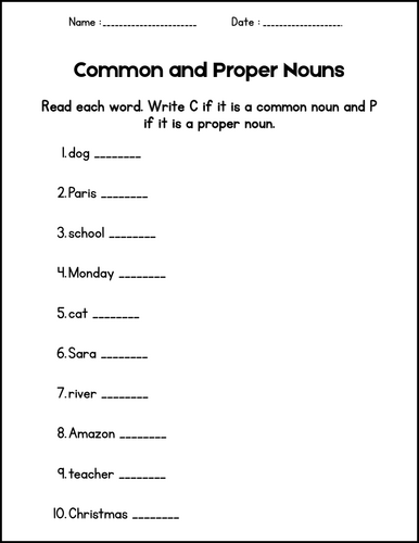 Common and Proper Nouns Worksheets - Grammar Practice for 1st 2nd 3rd Grade