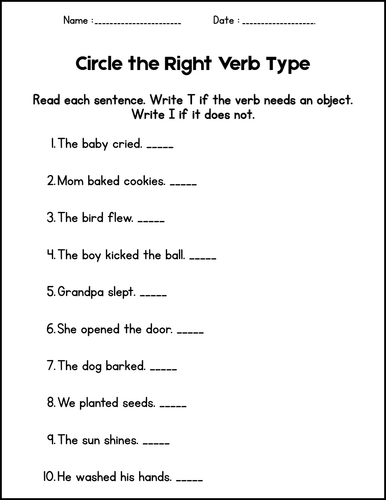 Transitive and Intransitive Verbs - Grammar Worksheets 1st 2nd 3rd Grade