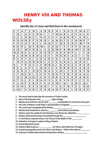 HENRY AND HIS MINISTERS GCSE HISTORY WORDSEARCHES AND QUIZES - 3 STARTER ACTIVITIES