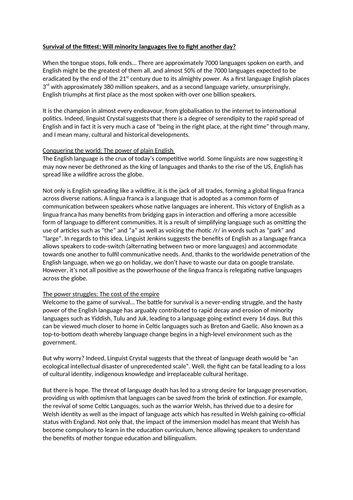 A* English Creative Writing Piece on World Englishes and Language Death