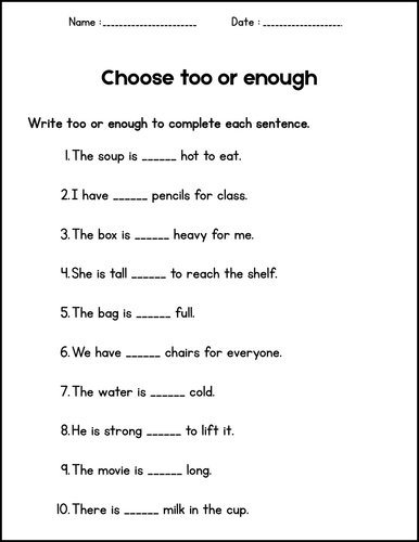 Too and Enough Worksheets - Grammar Activities for 1st 2nd 3rd Grade